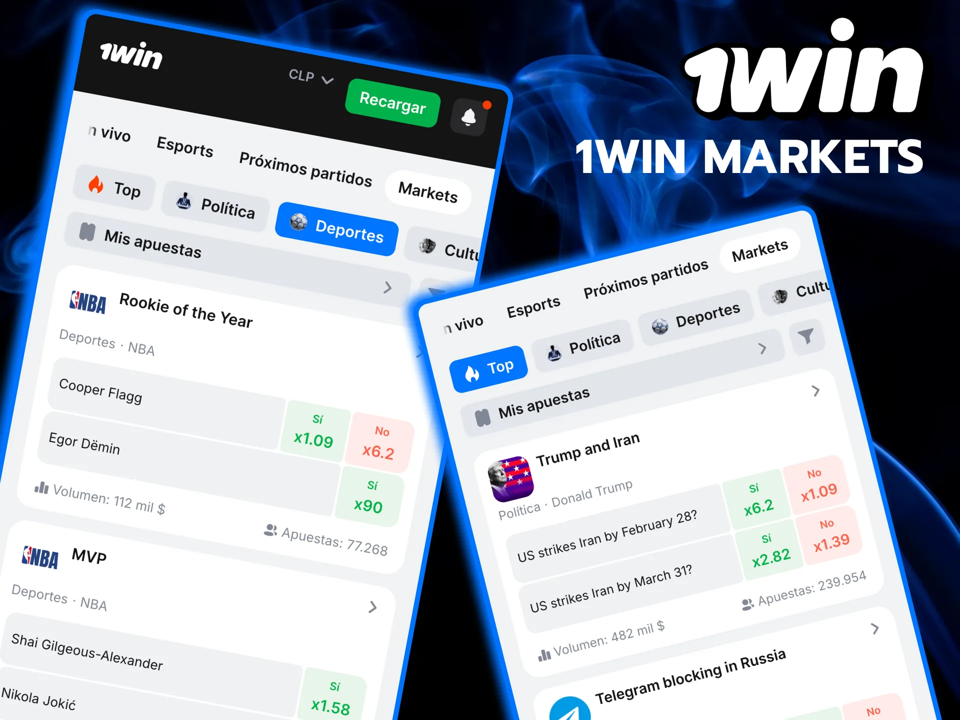 Sección 1win Markets con apuestas en premios y figuras famosas.